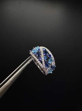 Vintage古着设计感古早风独特小众戒指复古蓝宝石戒指P71552