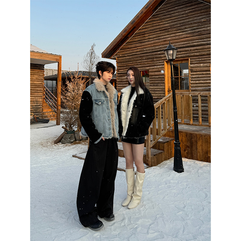 3CP 叁贰叁 美式复古牛仔做旧座山雕高级感双面穿毛衣拼接夹克,淘宝优惠券,粉丝福利购,淘宝优惠卷