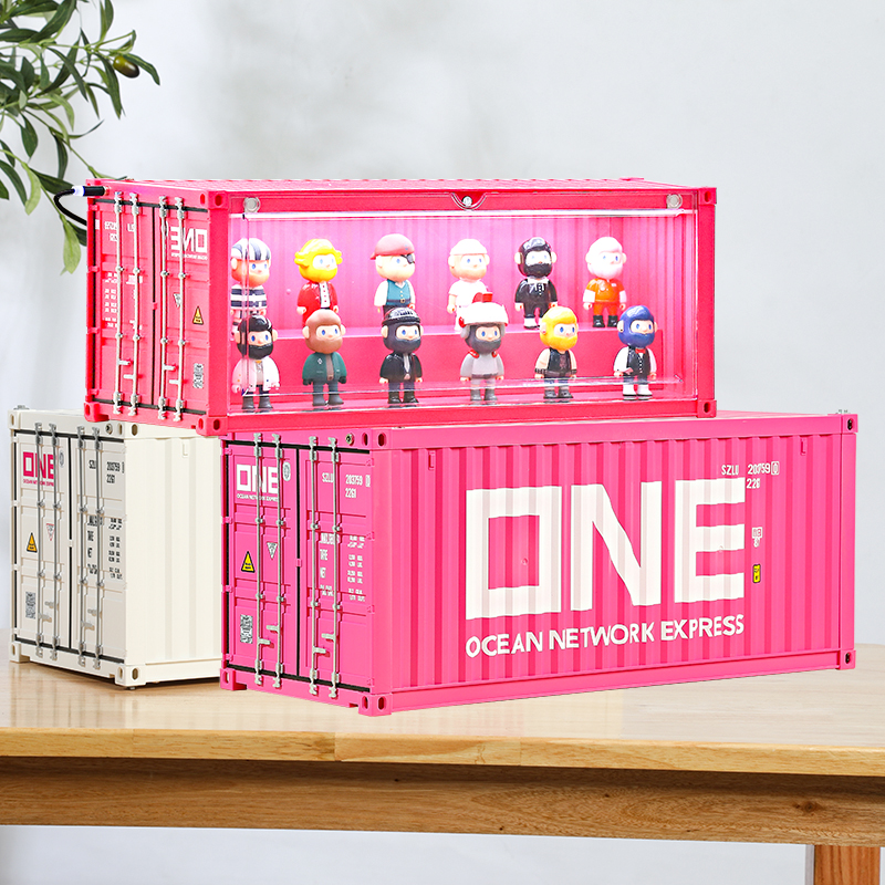 泡泡玛特集装箱展示盒带灯手办盲盒公仔潮玩摆件玩具模型收纳粉色 - 图1