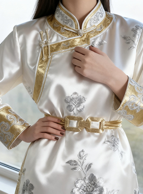 蒙古袍金属弹力腰带双层腰封纯色古银色合金可伸缩蒙族腰饰女士