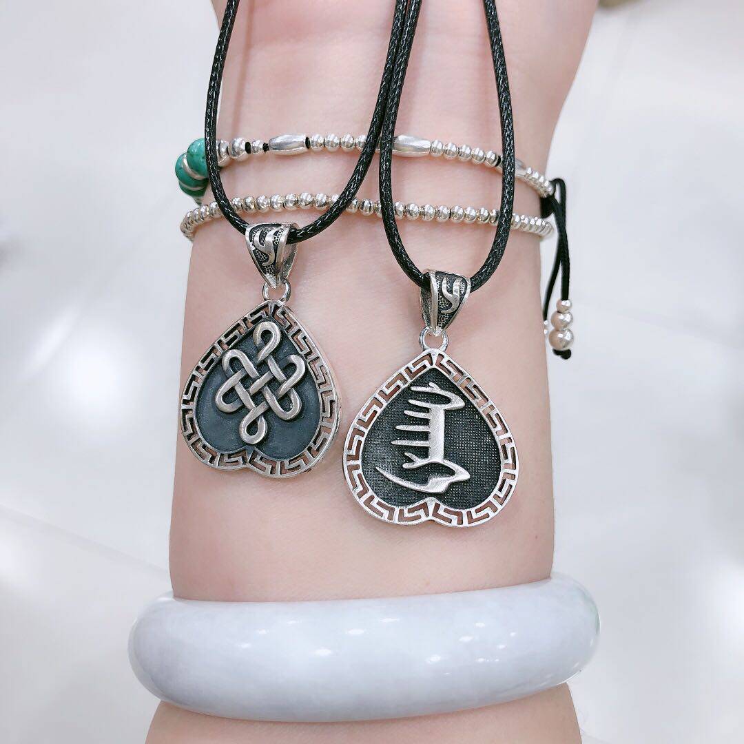 990足银蒙古元素心形吊坠纯银蒙文项坠蒙古图案项链情侣吊坠刻字