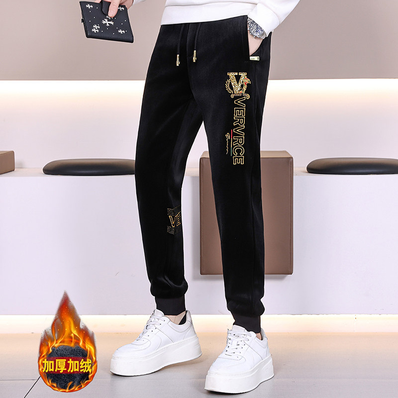 欧货冬季新款男士丝绒刺绣加绒卫裤时尚修身保暖百搭男休闲裤长裤,淘宝优惠券,粉丝福利购,淘宝优惠卷
