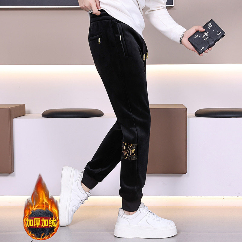 欧货冬季新款男士丝绒刺绣加绒卫裤时尚修身保暖百搭男休闲裤长裤,淘宝优惠券,粉丝福利购,淘宝优惠卷