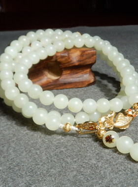 方言和田玉收藏级老熟如酥黄沁皮白玉籽料8mm108颗DIY精美项链X3