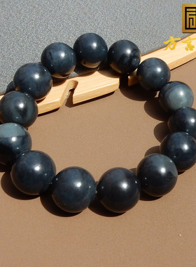 大放漏方言品牌和田玉珍品炭锅灰白玉底墨玉卡16mm圆珠手串手链R5