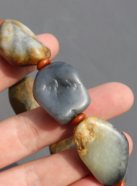 放漏方言精品和田玉新疆玉龙河老熟黄沁皮青花籽料意境原石手串A8