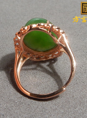 方言和田玉巨漏精品级俄罗斯老坑料菠菜绿碧玉银镀玫瑰金戒指A5