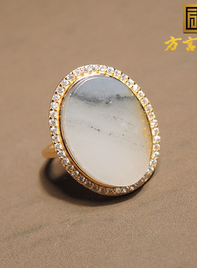 惊呆了方言品牌和田玉精品级新疆黄沁皮白玉青花籽料银镶玉戒指h4