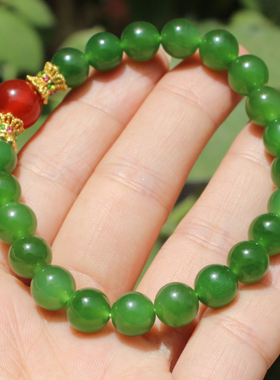 俄罗斯老坑冰底细润阳绿碧玉手串