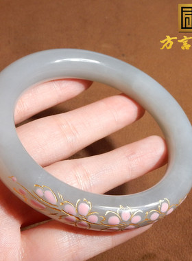 青海玉老坑冰烟紫景泰蓝描金手镯