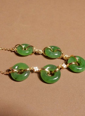 方言和田玉精品佩戴级俄罗斯果绿色碧玉银镶玉甜甜圈女士手链s1