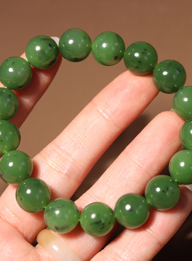 回馈玉友方言和田玉佩戴级老俄料菠菜绿微猫碧玉卡12mm圆珠手串O2