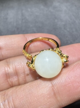 方言和田玉老坑青海料起荧光带猫眼精美S925镶嵌可旋转活口戒指S