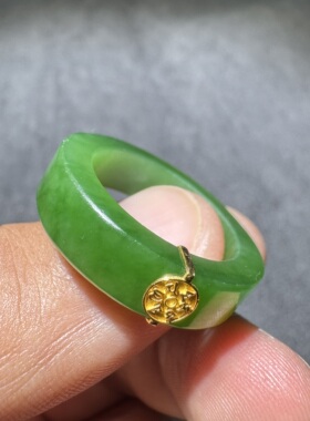 收藏方言和田玉老坑俄料辣菠菜绿碧玉18K金精美镶嵌19-20mm戒指S