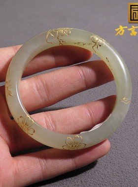 亏麻了方言和田玉精品青海料温润高透白玉描金内径53mm正装手镯X7