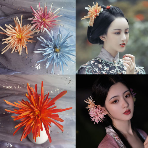 古风汉服配饰绢花发夹边夹菊花彼岸花牡丹花朵明制高级感超气质 - 图1