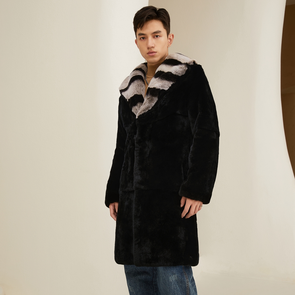 秋冬皮草外套男士长款时尚保暖皮毛一体獭兔毛青紫蓝狐狸毛领大衣 - 图1