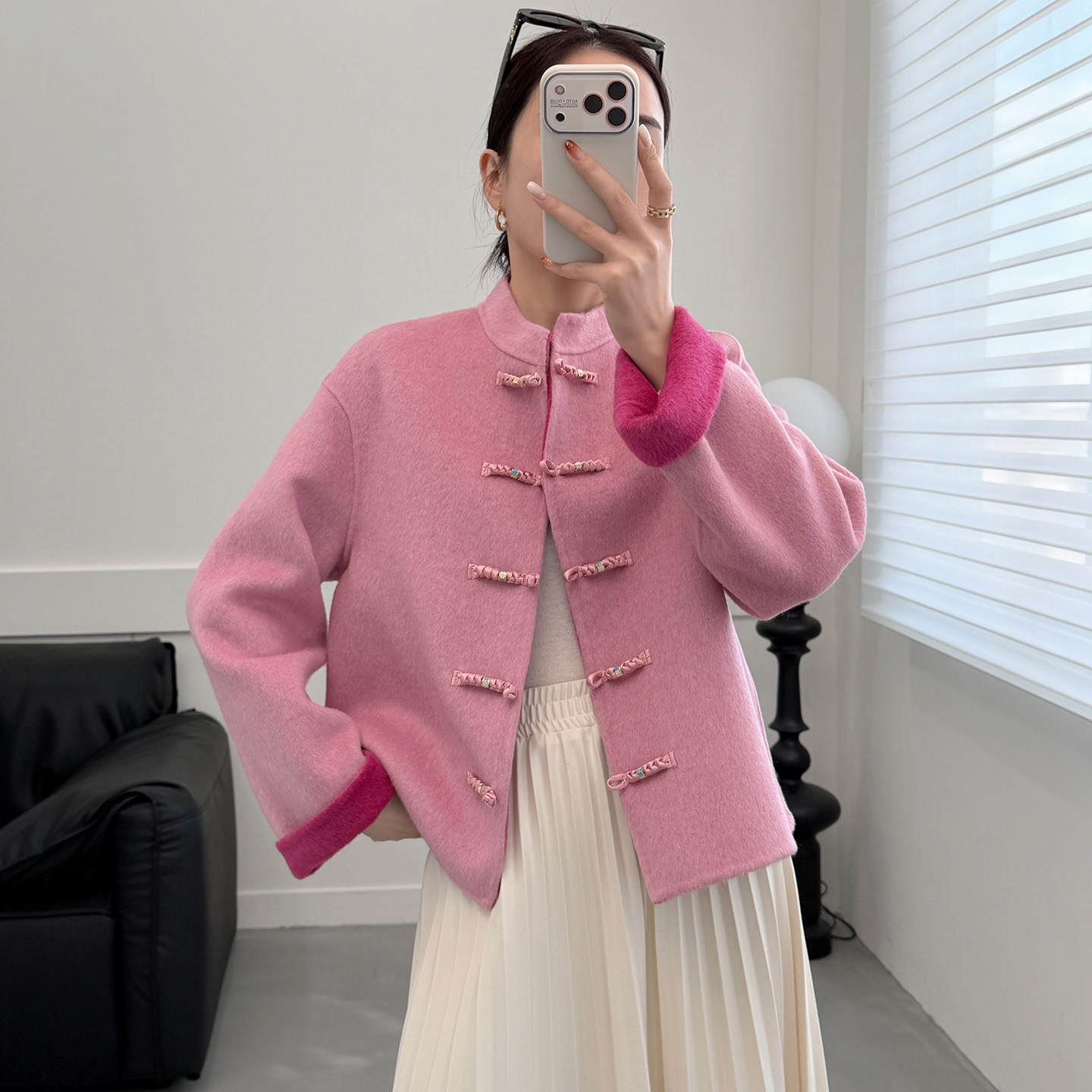 新中式粉色双面羊毛大衣女短款2025新款国风盘扣立领撞色毛呢外套,淘宝优惠券,粉丝福利购,淘宝优惠卷