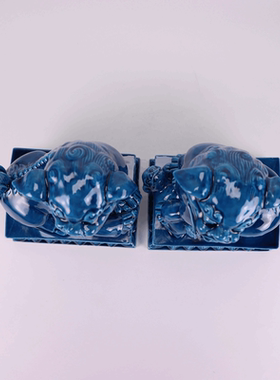 景德镇陶瓷中式深蓝色绿色狮子狗动物雕塑一对装饰桌面摆放创意