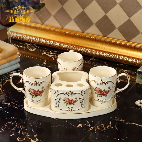 European Style Ceramic Bathroom Five Piece Wash Set Bathroom Supplies Toothbrush Mouthwash Cup Brushing Cup Set Couple Cup