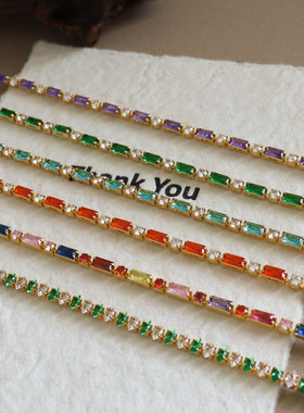 文艺新中式清新时尚精致彩色方形微镶锆石女士手链轻奢小众手链