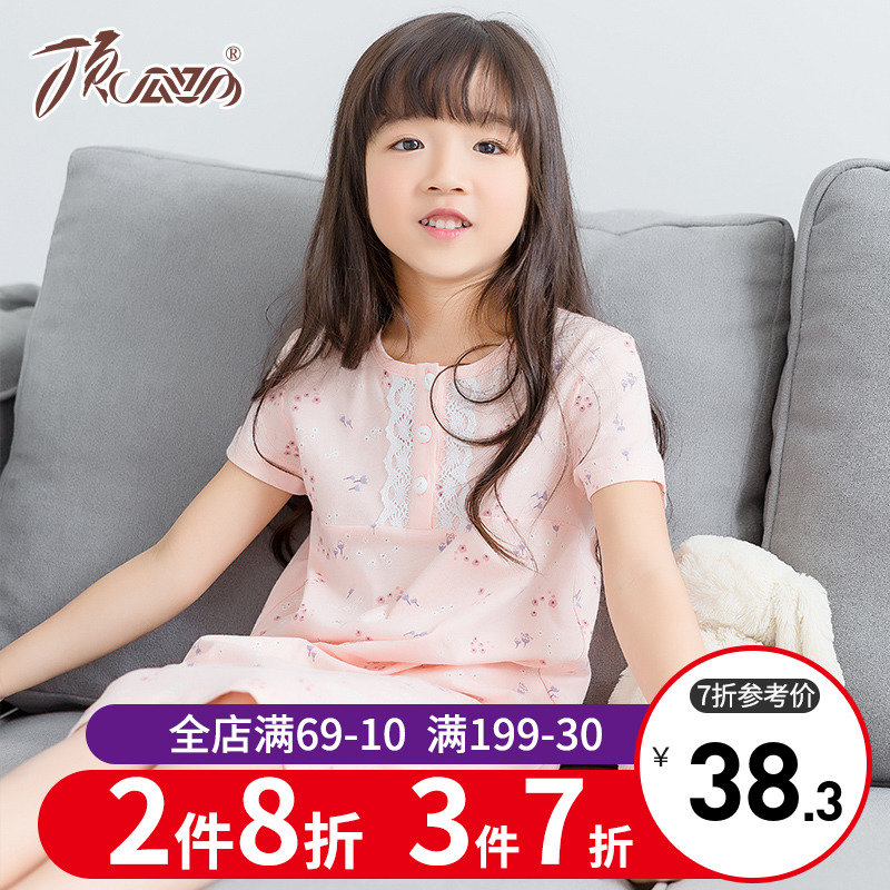 女童睡裙兒童睡衣夏季短袖純棉公主小女孩寶寶中大童親子家居服薄