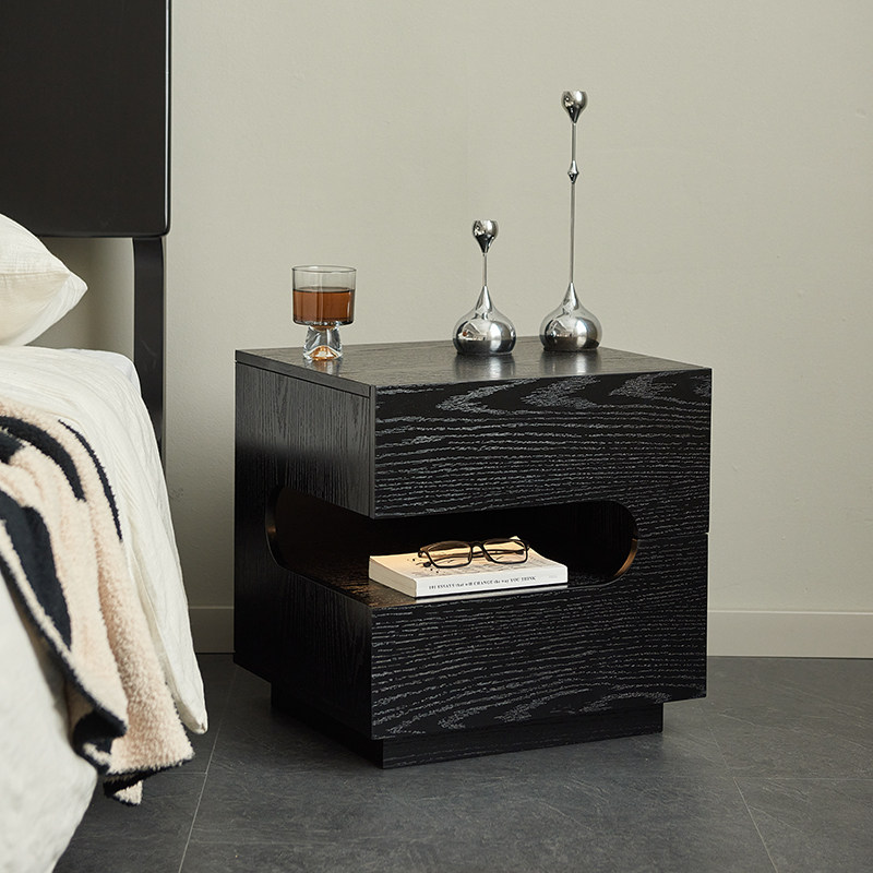 意式极简实木床头柜卧室家用创意悬浮式床边柜带灯黑色收纳储物柜 - 图2