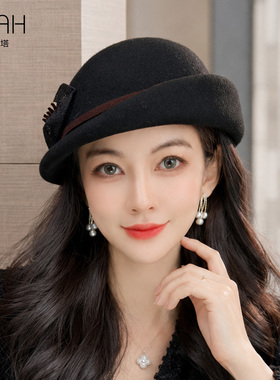 布塔英伦风优雅花朵羊毛帽女秋冬卷边小礼帽千金风毛呢帽PT1462