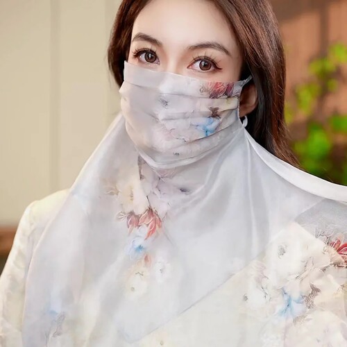 布塔夏季国风防晒面罩丝巾女印花面纱户外护颈轻薄透气挂耳式口罩 - 图1