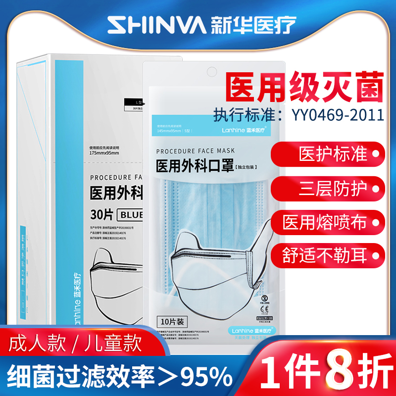 蓝禾医疗医用外科口罩一次性灭菌款三层医生专用医护儿童小孩口罩