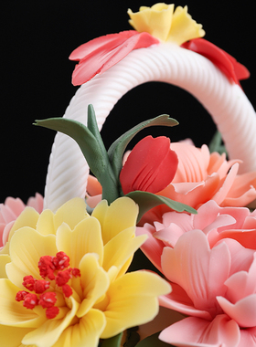 陶瓷牡丹花篮客厅摆件乔迁礼品