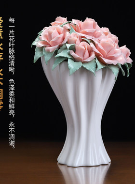 东方泥土手工陶瓷玫瑰花束摆件家居客厅装饰品高级感结婚纪念礼物
