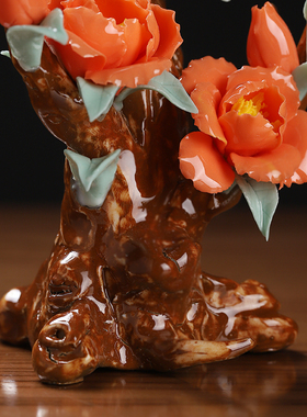 陶瓷仿真牡丹花小树家居装饰摆件