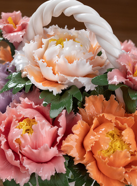 东方泥土《花开富贵》陶瓷手工牡丹花篮装饰品摆件办公室客厅桌面