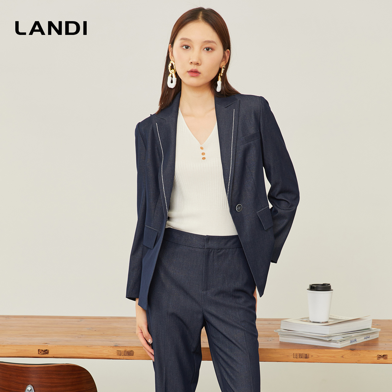 [复古回潮]LANDI仿牛仔长袖西装套装女2023年秋季新款收腰西服 - 图0