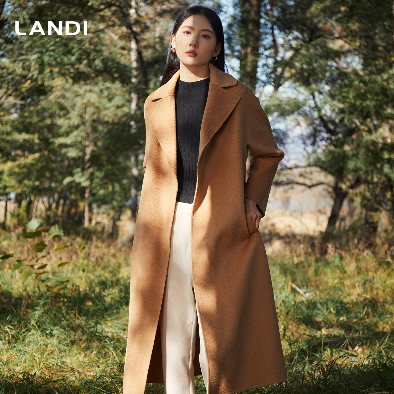 LANDI蓝地慵懒风法式长款羊毛水波纹双面毛呢大衣女2023新款冬季
