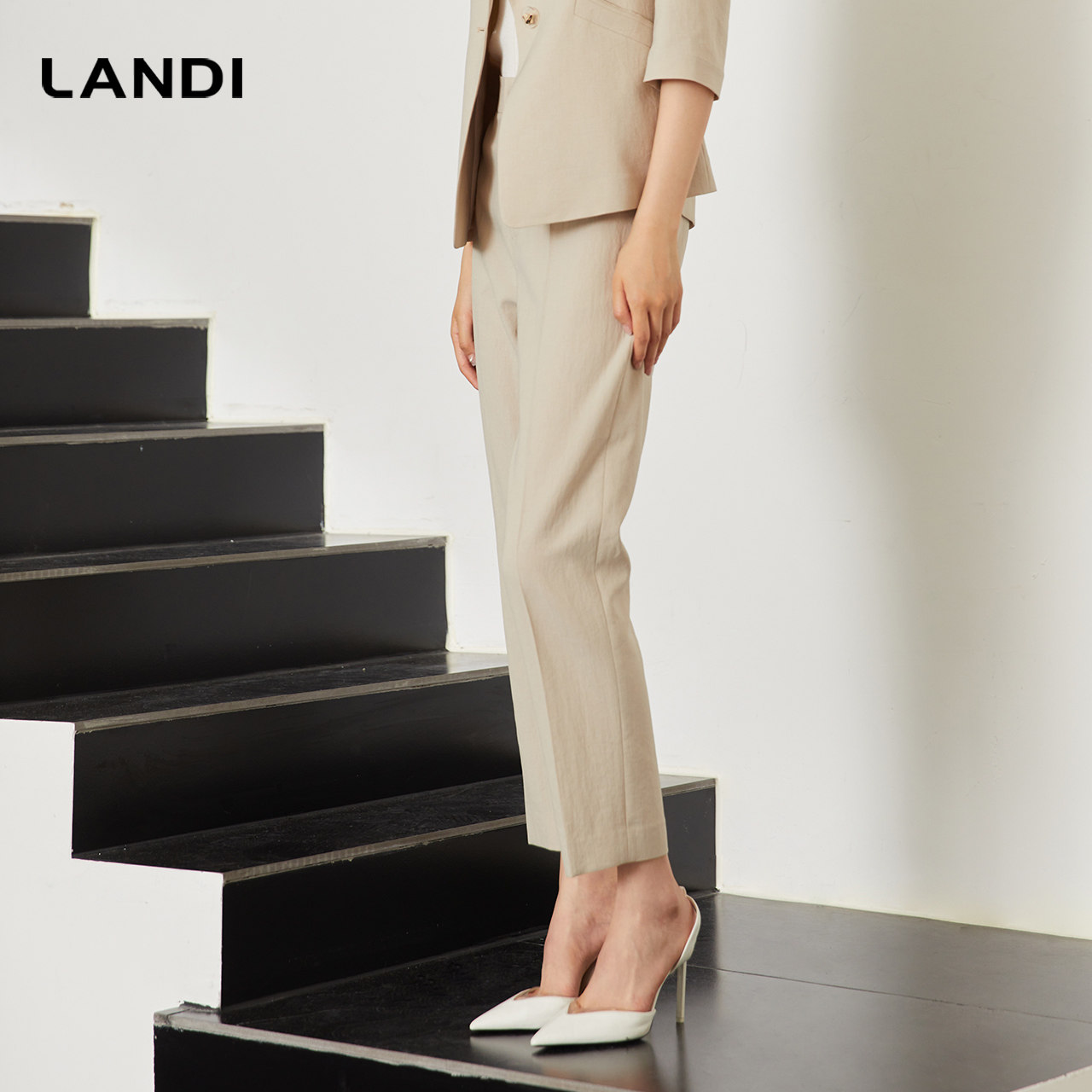 LANDI蓝地白茶色通勤修身显瘦直筒高腰西装裤女小个子长裤秋新品,淘宝优惠券,粉丝福利购,淘宝优惠卷