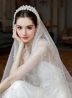 复古宫廷珍珠长拖尾新娘婚纱头纱