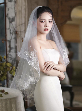 头纱头饰法式蕾丝领证求婚蓬蓬纱