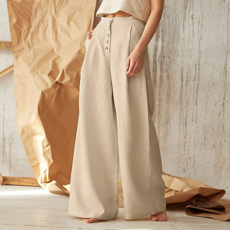 2022 ladies solid color high waist casual style button pants - 图1