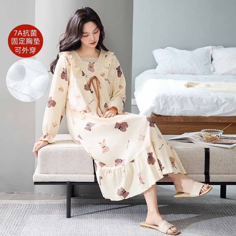 带胸垫一体睡裙女春秋季纯棉长袖女士2025新款大码高级感睡衣女款,淘宝优惠券,粉丝福利购,淘宝优惠卷