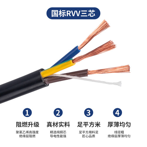 JYS金胜国标3C阻燃RVV三芯软护套线3*1.5平方纯铜户外电源延长线 - 图0