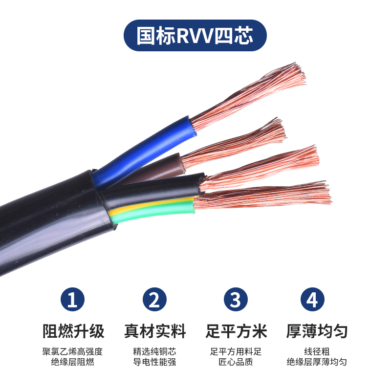 JYS金胜国标3C阻燃RVV四芯软护套线4*1.5平方纯铜户外电源延长线