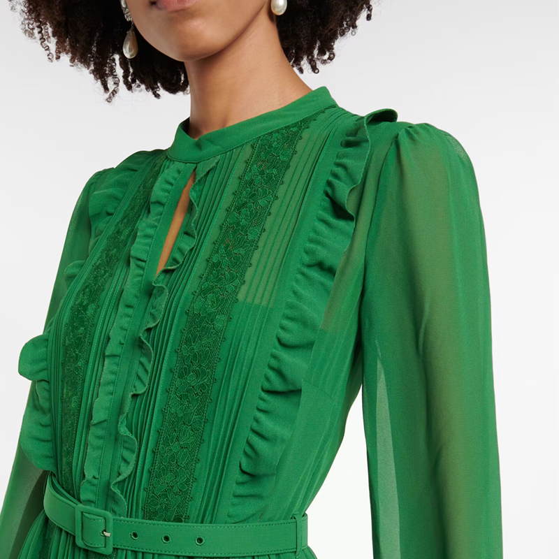 轻奢小众绿色连衣裙女蕾丝拼接长款百褶礼服裙长袖气质裙子高级感,淘宝优惠券,粉丝福利购,淘宝优惠卷