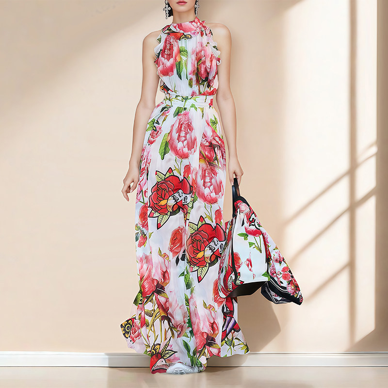 高端精致碎花连衣裙女印花长裙子飘逸大摆长裙时尚修身无袖仙女裙,淘宝优惠券,粉丝福利购,淘宝优惠卷