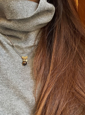 astudio纯银虎眼石圆球流苏项链