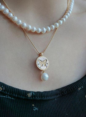 astudio纯银蝴蝶圆牌珍珠项链女