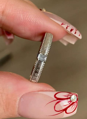 astudio纯银中古拉丝方钻戒指女