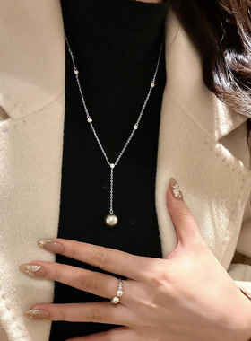 astudio纯银间隔钻Y形珍珠毛衣链