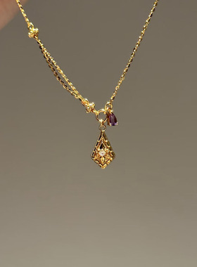 纯银鸢尾花紫水晶水滴流苏锁骨链